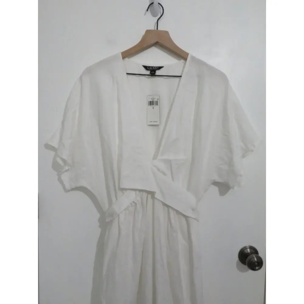 Lauren Ralph Lauren Womens Sz 8 White Belted Linen Wrap Style Dress Midi Summer - Picture 3 of 7